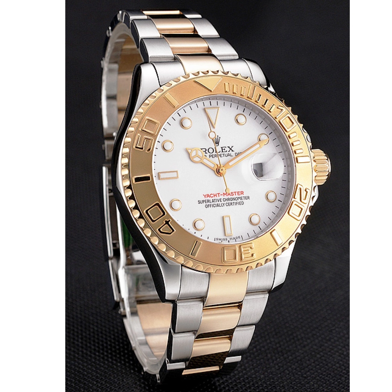 Best AAA Replica Sites Rolex Bracelet Stainless Yacht-Master Steel Two Case Gold Tone White Dial Bezel 0823